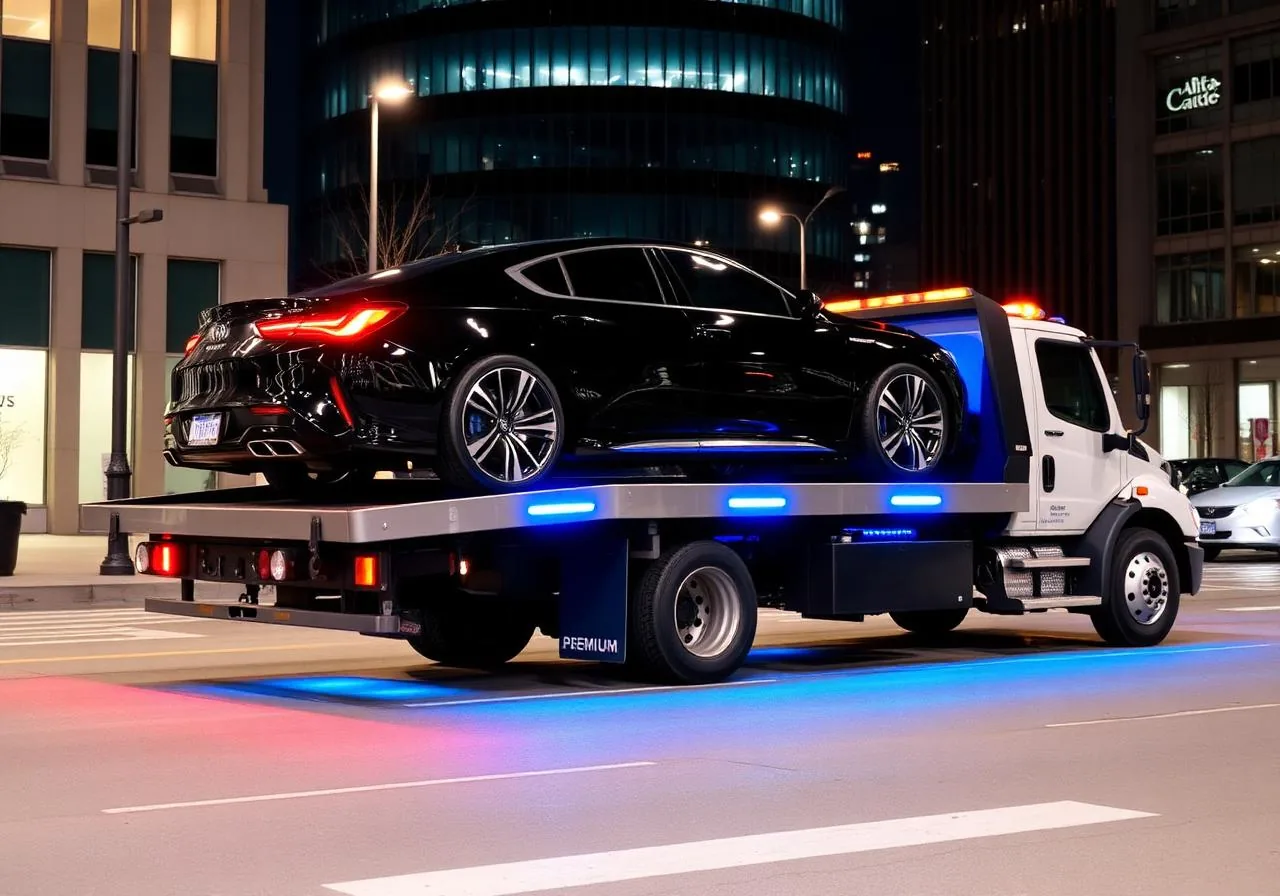 Car loaded on a flatbed tow truck for vehicle towing in Ontario